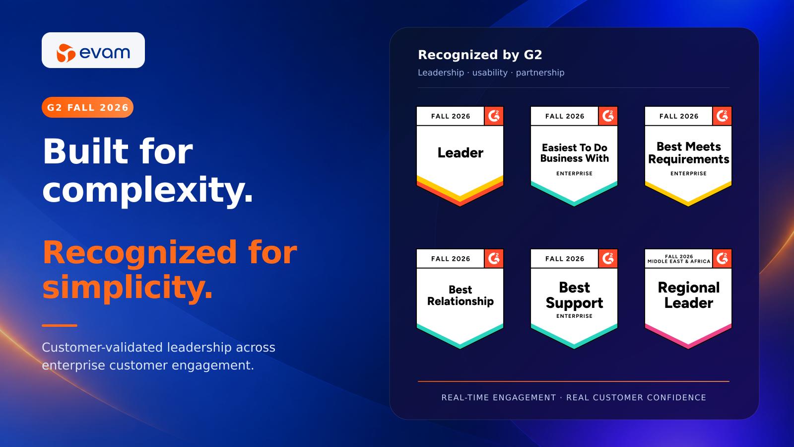 Evam Wins Big in G2 Fall 2026: Leader, Best Usability, Best Support and More